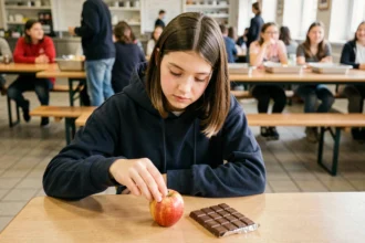 Adolescente belge choisissant une pomme plutôt qu'une barre chocolatée à la cafétéria de son école, illustrant la baisse de consommation de sucre chez les jeunes