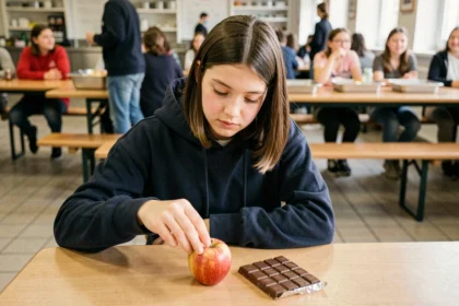 Adolescente belge choisissant une pomme plutôt qu'une barre chocolatée à la cafétéria de son école, illustrant la baisse de consommation de sucre chez les jeunes