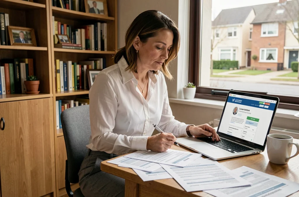 Femme aide soignante comparant les salaires en France et au Luxembourg depuis son bureau à domicile