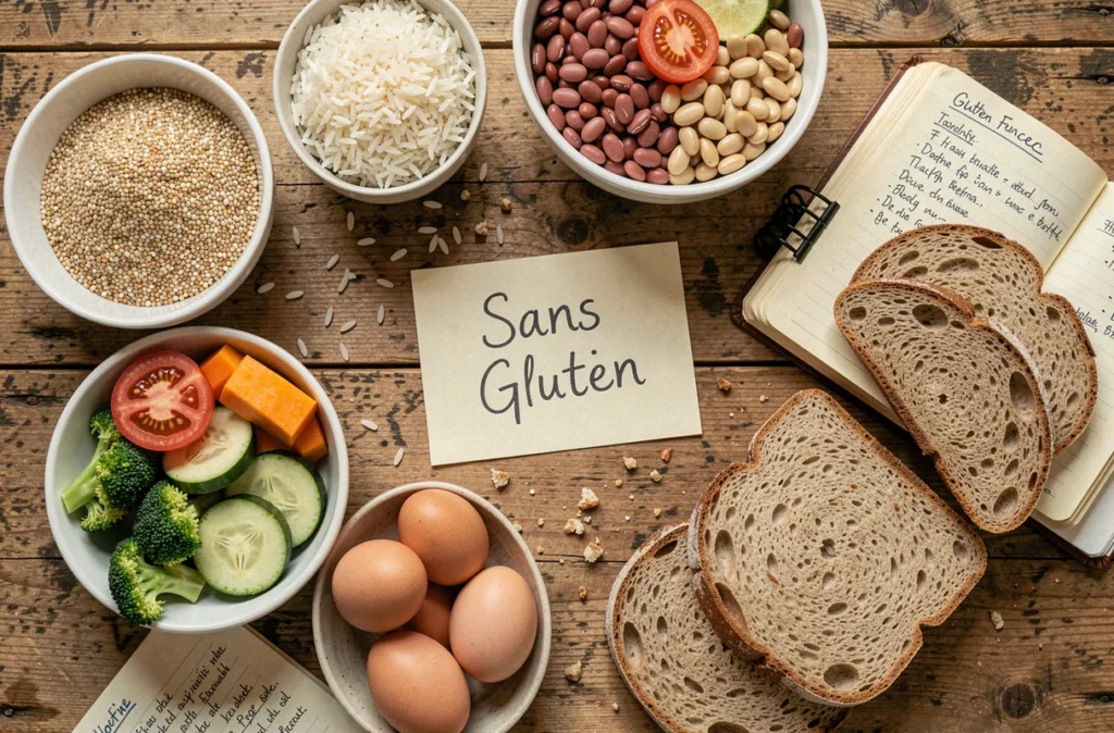 Assortiment d'aliments naturellement sans gluten sur une table en bois pour illustrer le régime coeliaque