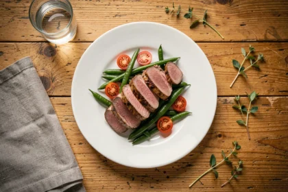 Assiette de bœuf maigre grillé avec haricots verts et tomates cerises, repas équilibré de la semaine