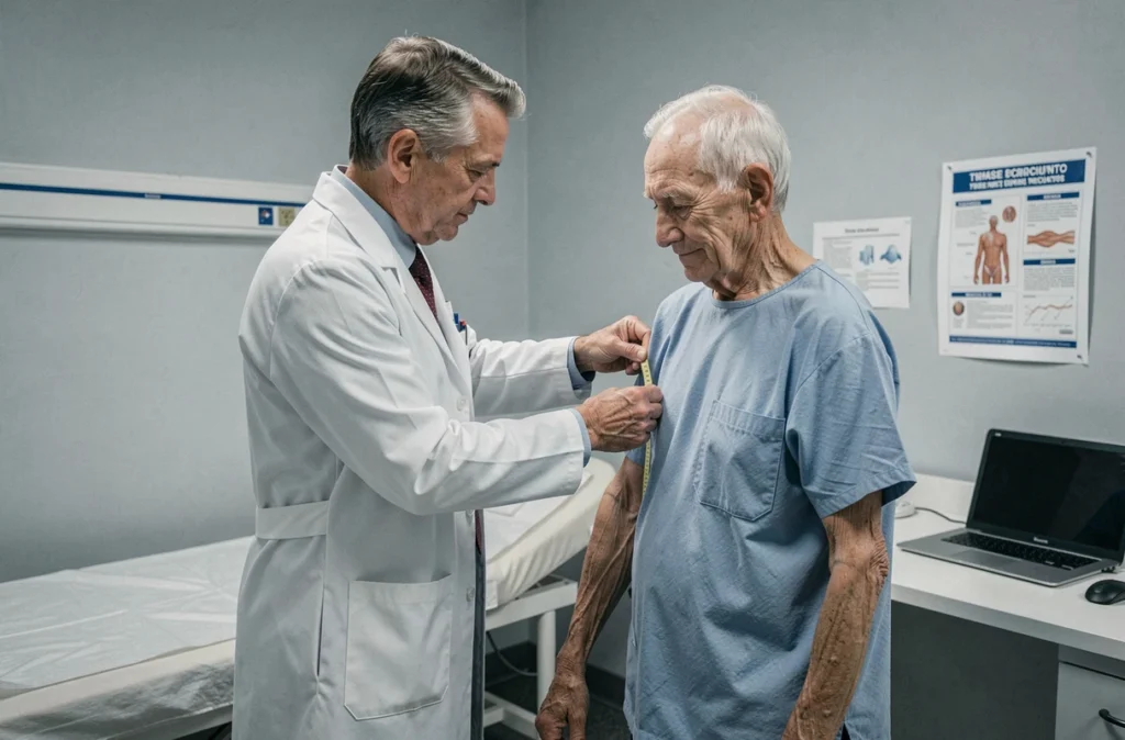 Médecin mesurant le périmètre brachial d'un patient âgé amaigri lors d'un bilan de dénutrition
