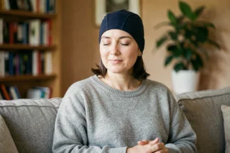 Femme portant un bonnet anti-migraine bleu marine chez elle, assise sur un canapé, les yeux fermés en position de repos