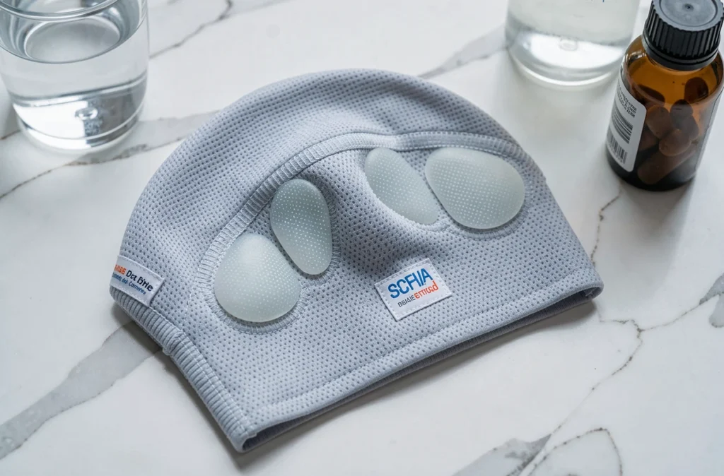 Gros plan d'un bonnet anti-migraine posé sur un plan en marbre blanc dans une salle de bain, avec un verre d'eau et un flacon de médicament
