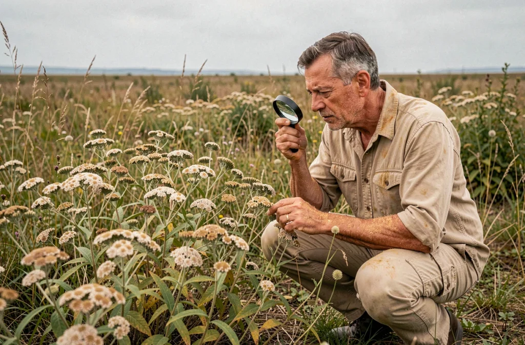 Botaniste examinant des plantes d'ambroisie allergènes dans une prairie envahie par la végétation en été