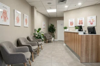 Salle d'attente moderne d'un cabinet de dermatologie en Maine-et-Loire, avec des chaises ergonomiques et une ambiance professionnelle apaisante