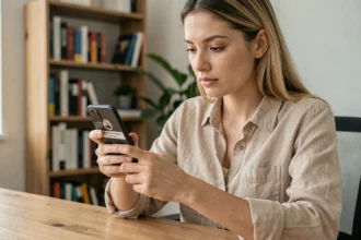 Jeune femme regardant une campagne anti-tabac sur son smartphone dans un appartement moderne