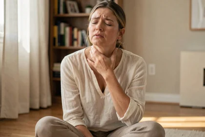 Femme tenant sa gorge avec une expression de douleur émotionnelle, symbolisant le chakra gorge bloqué après un choc émotionnel