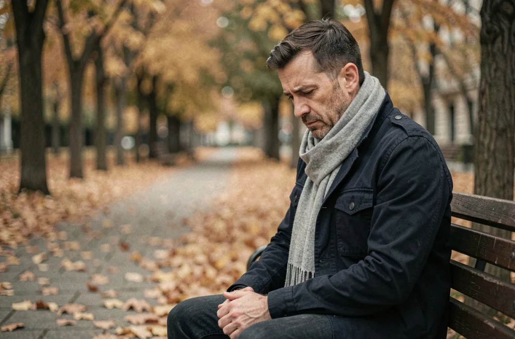 Homme seul sur un banc de parc en automne avec une expression introspective, illustrant le blocage émotionnel du chakra gorge