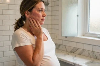 Femme enceinte examinant les changements de peau de son visage devant un miroir de salle de bain