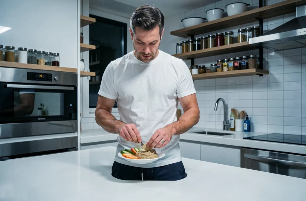 Homme préparant une collation légère de légumes et houmous dans sa cuisine le soir pour contrôler son poids