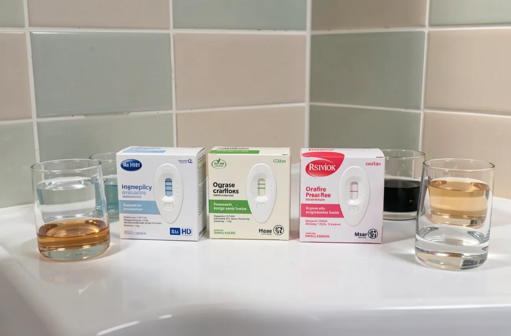 Comparaison de trois marques de tests de grossesse montrant des barres d'évaporation différentes posées sur une étagère de salle de bain
