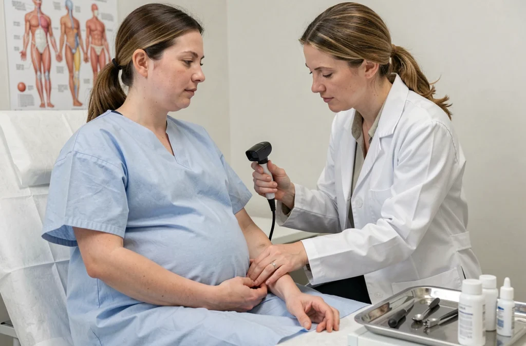 Dermatologue examinant les taches pigmentaires sur le bras d'une femme enceinte lors d'une consultation médicale