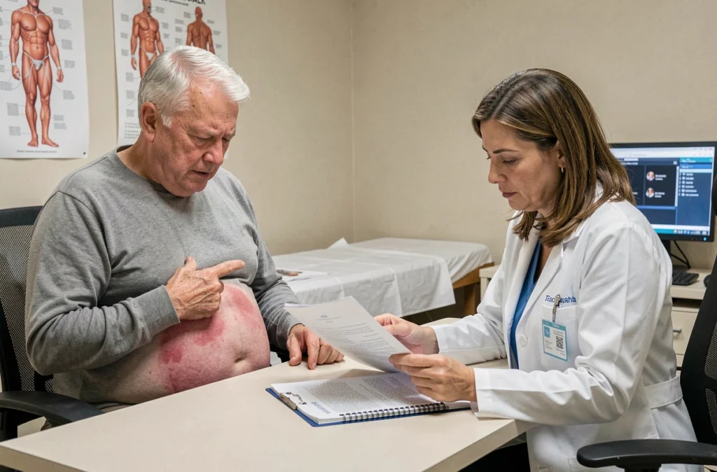 Patient âgé consultant un médecin pour des douleurs persistantes après un épisode de zona