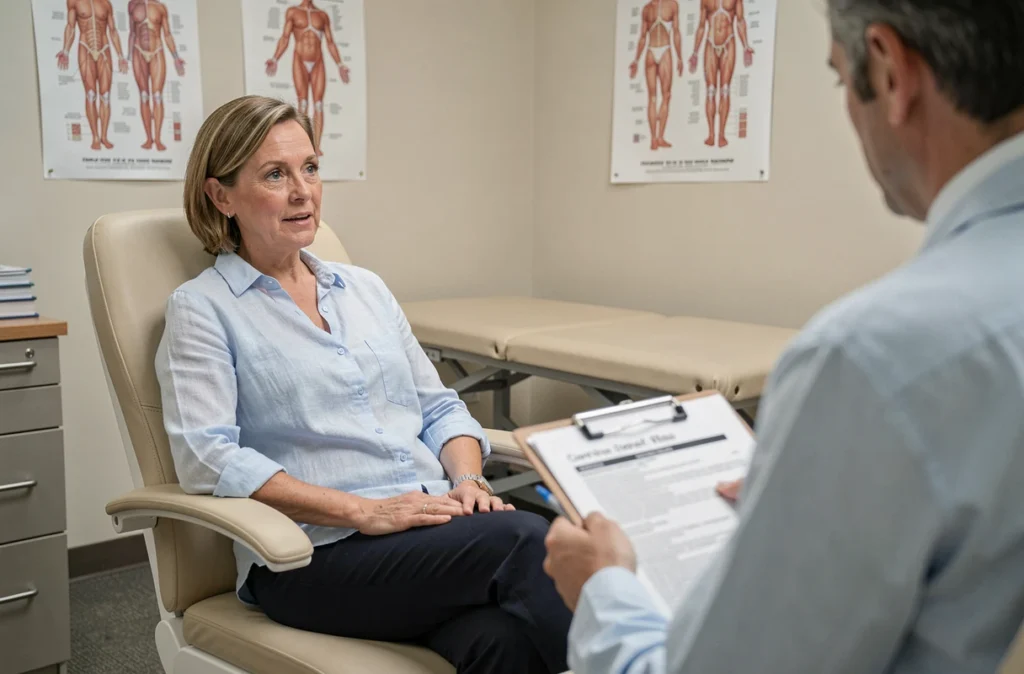 Femme en consultation médicale évoquant des symptômes digestifs comme le reflux, la hernie hiatale et les extrasystoles liées à l'estomac