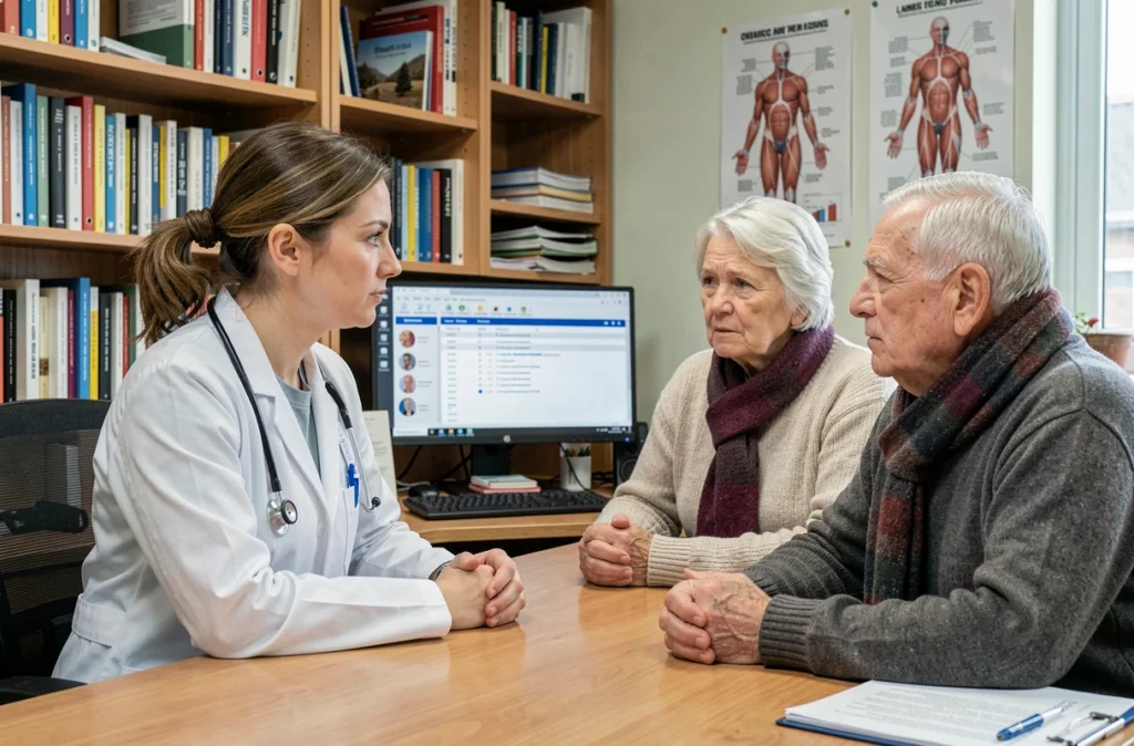 Médecin généraliste en consultation avec un couple de seniors pour évaluer les risques de complications liées à la grippe