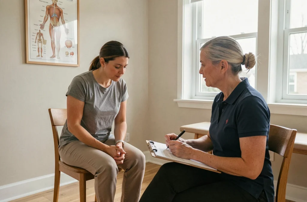 Consultation ostéopathique avec une patiente expliquant ses douleurs dorsales à une ostéopathe prenant des notes dans un cabinet moderne