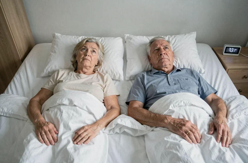 Couple de personnes âgées allongées éveillées dans leur lit, représentant les troubles du sommeil chez les seniors