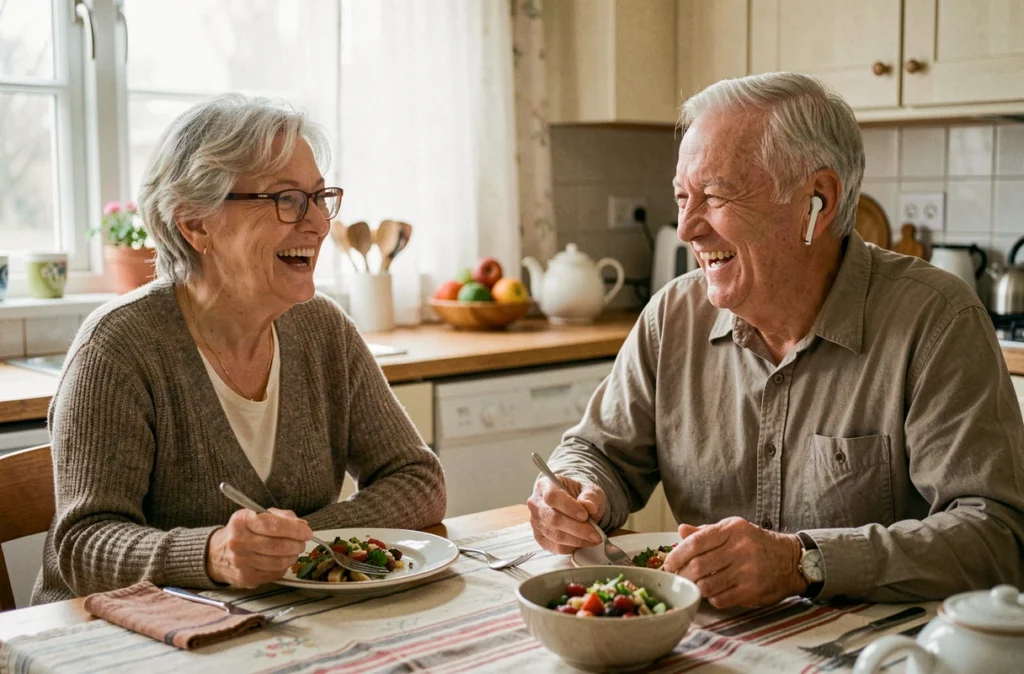 Couple de personnes âgées partageant un repas, portant lunettes et aide auditive, illustrant une vie quotidienne épanouie au grand âge