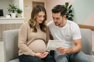 Un couple attend ensemble une consultation prénatale dans une clinique moderne, le partenaire impliqué dans le suivi de la grossesse