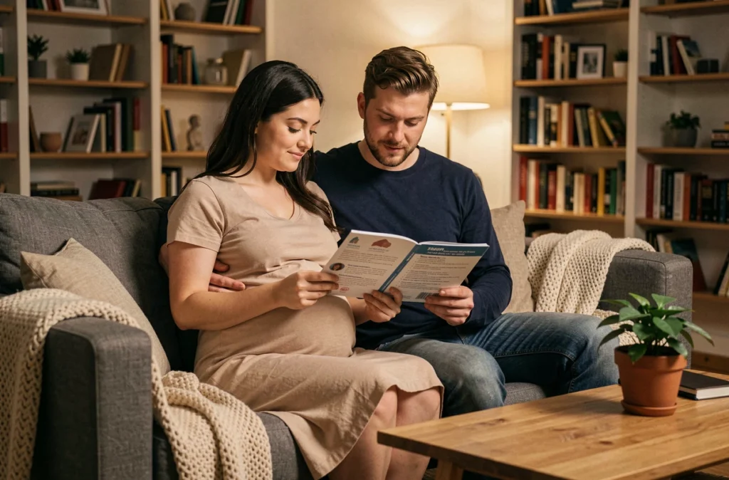 Couple attendant un bébé consultant un guide sur le sommeil prénatal dans un salon chaleureux, illustrant la préparation au bien-être du fœtus