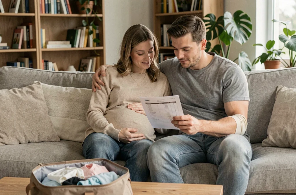 Couple de futurs parents vérifiant la liste de la valise de maternité ensemble à la maison