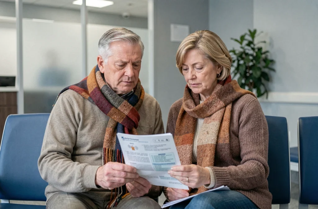 Un couple de seniors consultant une brochure sur la vaccination dans une salle d'attente hospitalière en automne