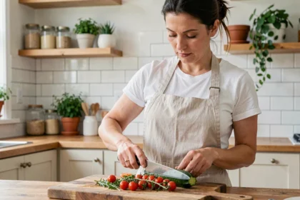 Femme préparant des légumes frais dans une cuisine moderne pour une recette légère et savoureuse