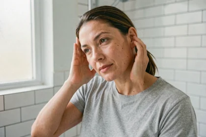 Femme adulte se débouchant l'oreille naturellement dans une salle de bain en inclinant la tête