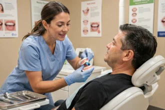 Dentiste expliquant les techniques de prévention bucco-dentaire à un patient adulte dans un cabinet dentaire moderne