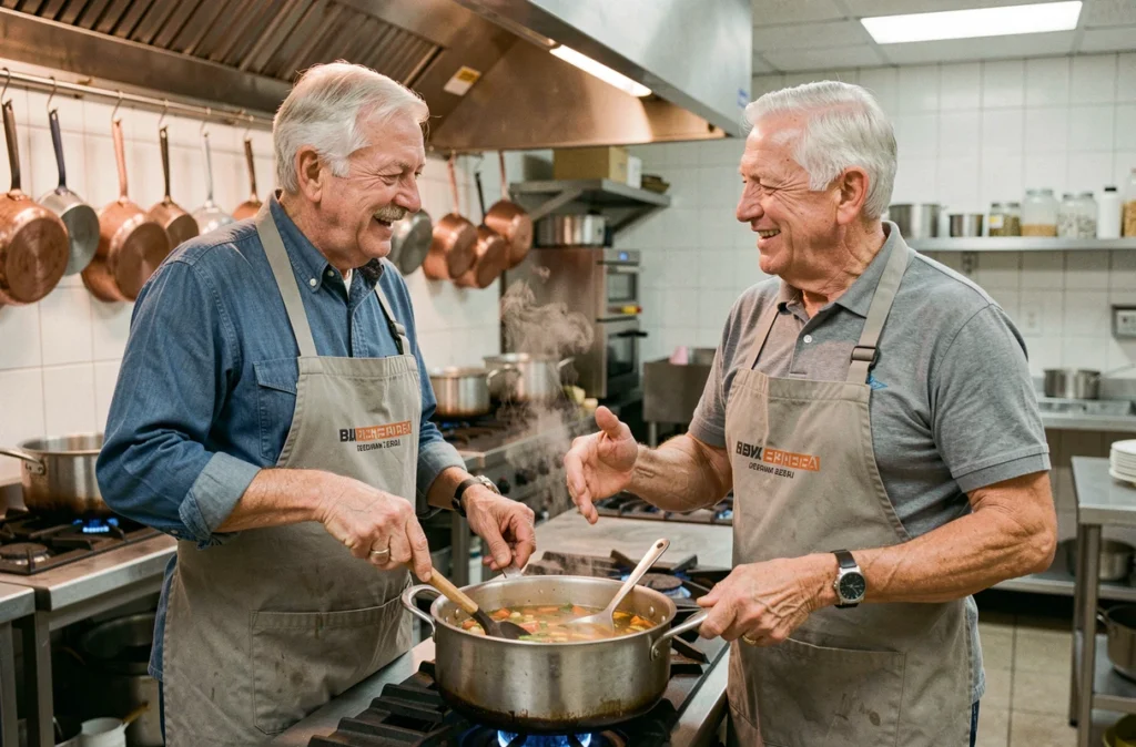 Deux hommes seniors souriants préparent ensemble une soupe de légumes dans une cuisine pédagogique lors d'un atelier cuisine bien-être