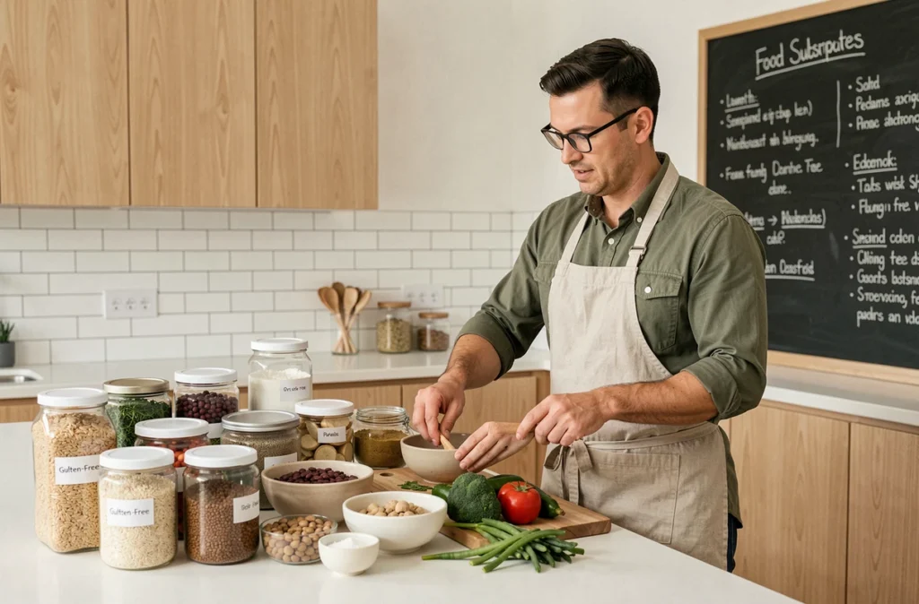 Diététicien présentant des aliments sans gluten et des alternatives pour gérer les intolérances lors d'un atelier nutritionnel
