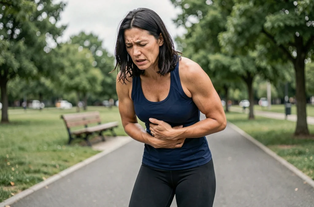 Femme sportive ressentant une douleur aiguë à la côte flottante lors d'un jogging dans un parc