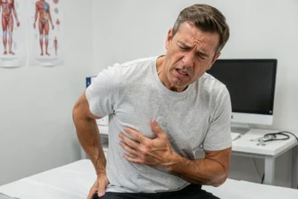 Homme tenant sa cage thoracique avec une expression douloureuse lors d'une consultation médicale pour côte flottante