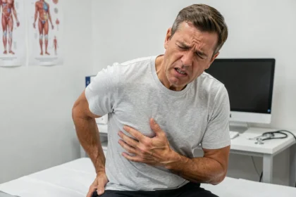 Homme tenant sa cage thoracique avec une expression douloureuse lors d'une consultation médicale pour côte flottante