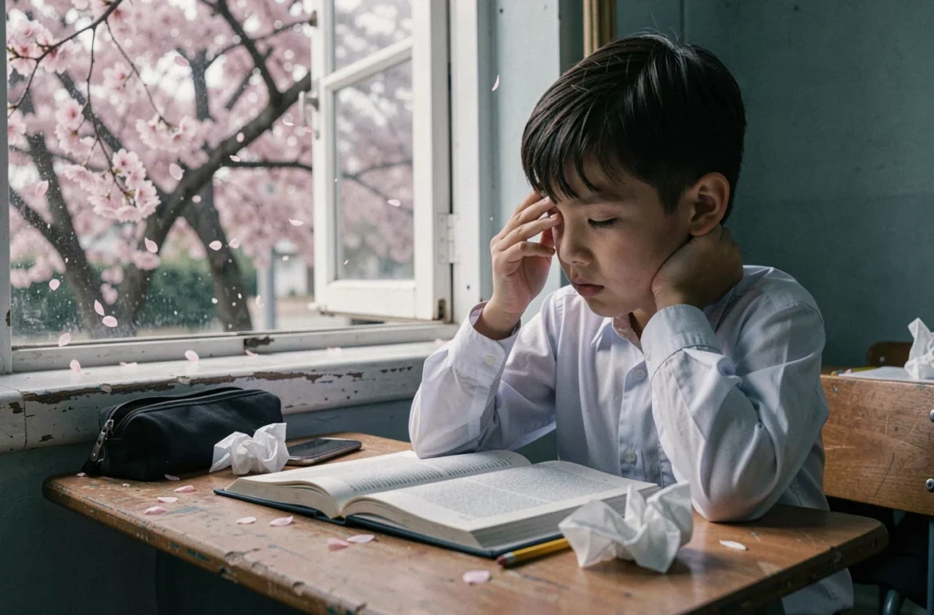 Enfant en classe souffrant d'allergie au pollen avec fleurs de cerisier visibles par la fenêtre ouverte