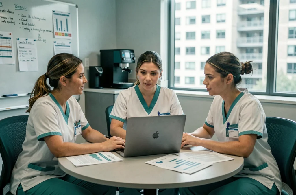 Équipe infirmière analysant des données de prévention des maladies chroniques lors d'une réunion dans un hôpital