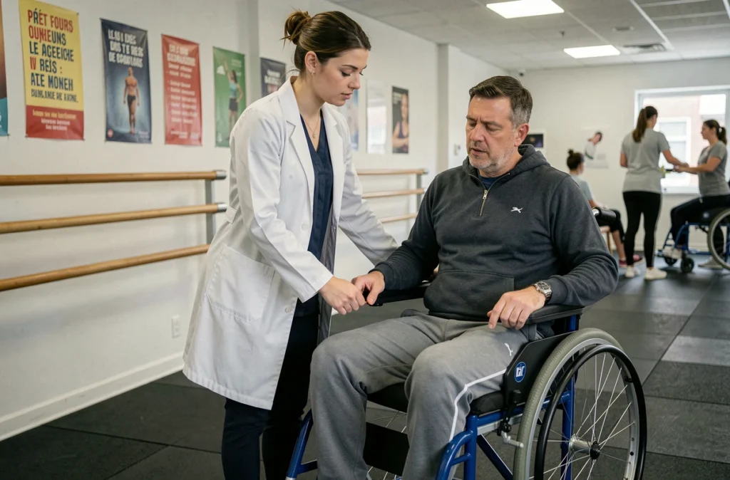 Ergothérapeute supervisant un patient en fauteuil roulant lors d'un exercice de transfert dans une salle de rééducation professionnelle