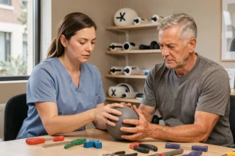 Ergothérapeute guidant un patient dans un exercice de rééducation de la main avec une balle en mousse dans une clinique de réadaptation