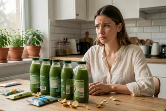 Femme sceptique face à des bouteilles de jus detox et compléments minceur posés sur une table de cuisine moderne