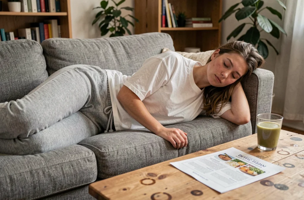 Jeune femme fatiguée allongée sur un canapé après un régime detox trop restrictif, plan alimentaire posé sur la table basse