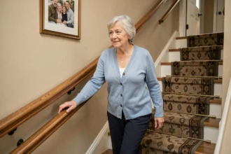 Femme âgée tenant une main courante solide pour descendre un escalier sécurisé à la maison, aménagement anti-chute