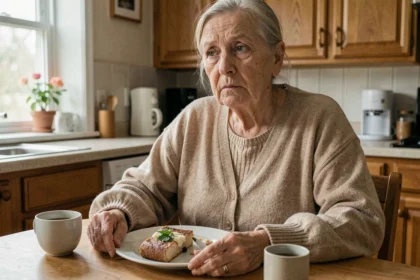 Femme âgée assise devant une assiette peu touchée, signe de perte d'appétit liée à la dénutrition