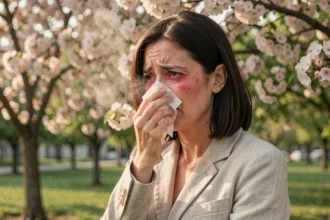 Femme souffrant d'allergies saisonnières dans un parc fleuri au printemps avec nuages de pollen visibles