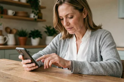 Femme d'âge mûr utilisant une application mobile de suivi de maladies chroniques sur son smartphone à domicile
