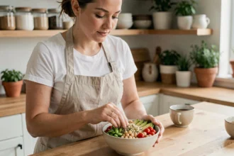 Femme préparant un Buddha bowl riche en protéines végétales avec pois chiches, edamame et quinoa dans une cuisine moderne