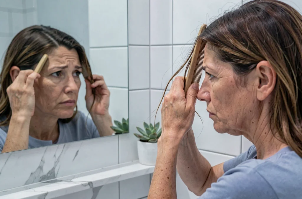 Femme d'âge moyen examinant sa chute de cheveux devant le miroir de la salle de bain