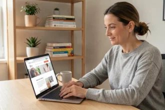 Femme consultant le site Vitalsan.fr sur un ordinateur portable dans un bureau à domicile moderne et bien rangé