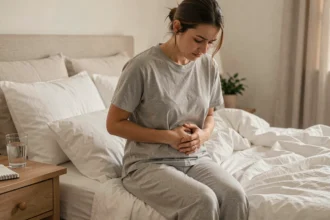 Femme assise sur son lit tenant son abdomen, illustrant les douleurs silencieuses de l'endométriose au quotidien