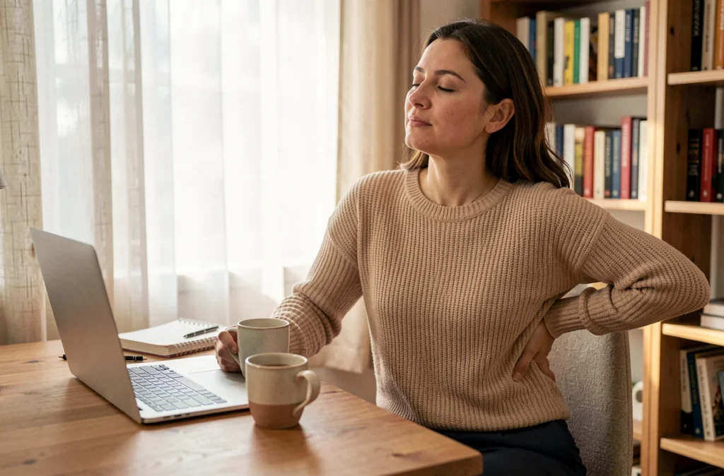 Femme en télétravail marquant une pause à cause de douleurs dorsales liées à l'endométriose silencieuse